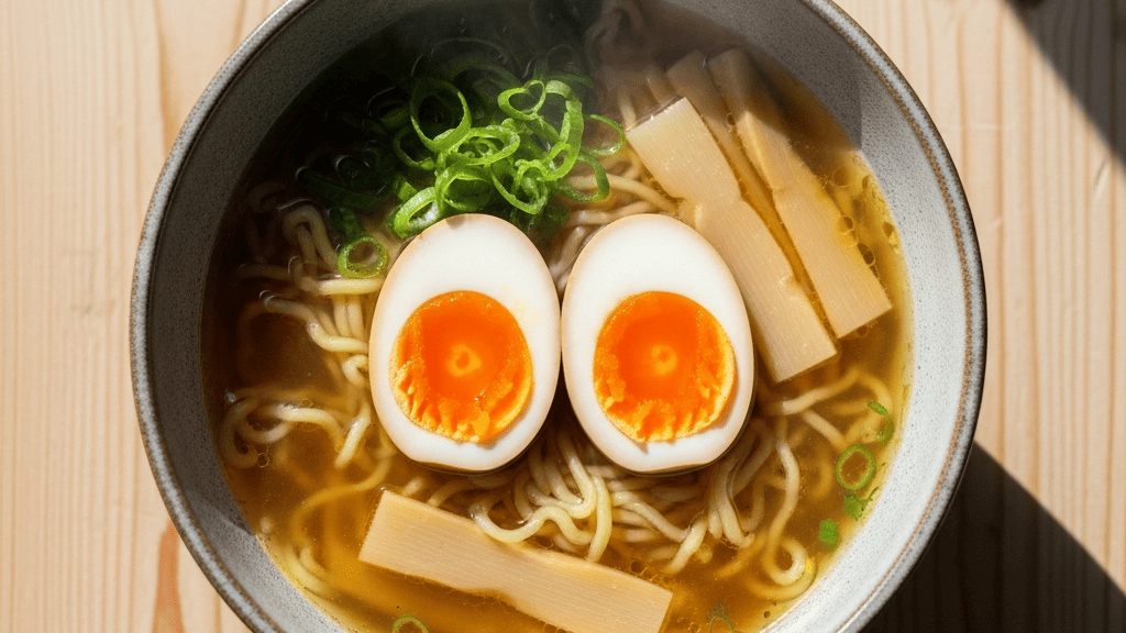 Steaming bowl of ramen with jammy soft-boiled egg halved on top, wooden table, overhead angle