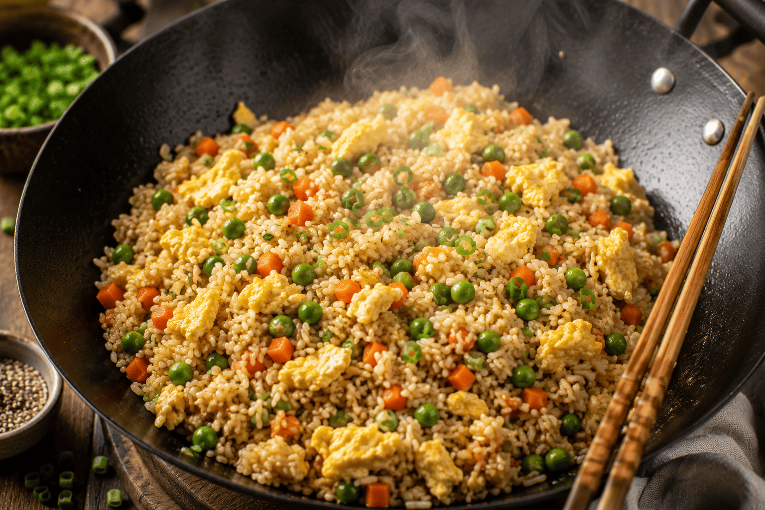Steaming egg fried rice in a wok, scrambled egg and peas visible, chopsticks resting on the side