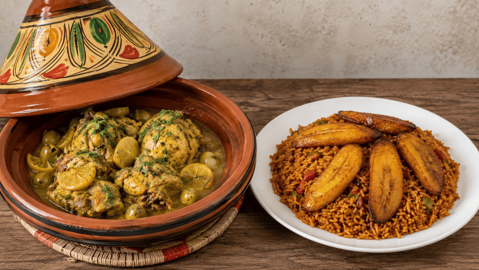 A Moroccan chicken tagine beside a plate of Equatorial Guinean rice and plantain, natural light