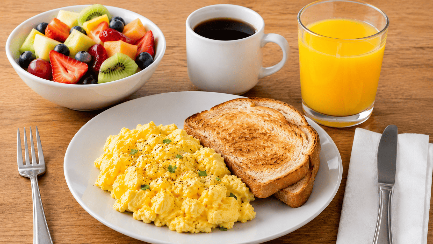 A simple breakfast spread of eggs, toast, fresh fruit and orange juice, morning light through a window