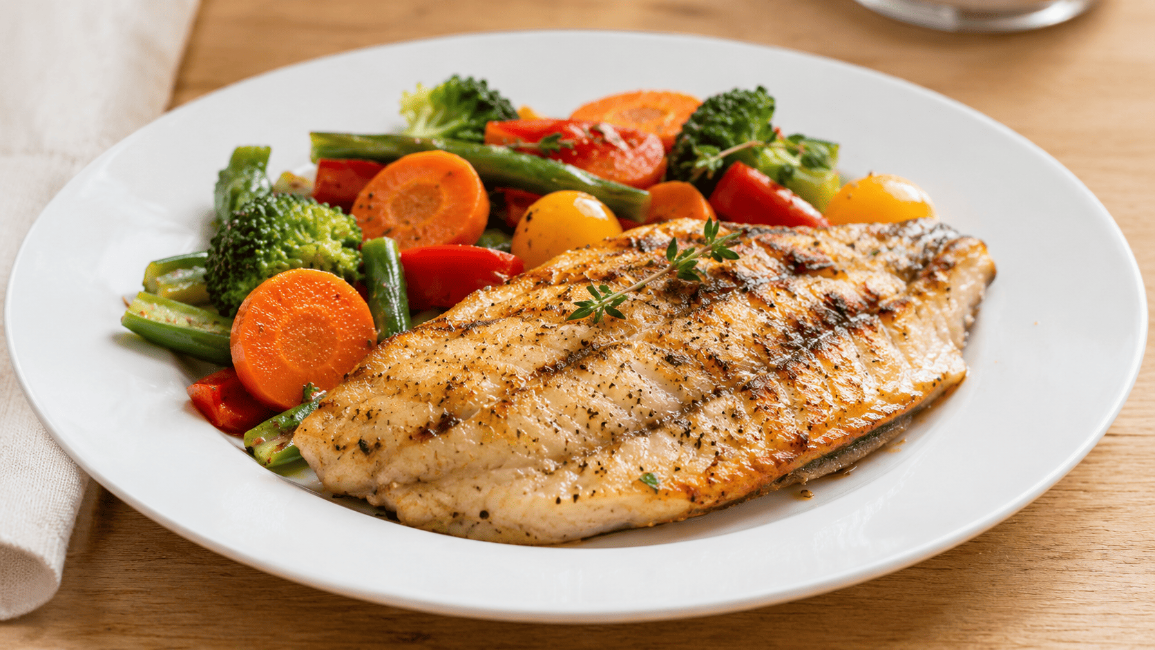 A simply grilled fish fillet with vegetables on a plate, clean minimal styling, natural daylight