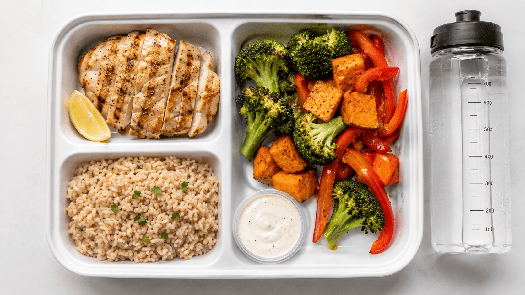 A young athlete's meal tray with balanced portions of protein, carbs and vegetables, clinical-clean styling