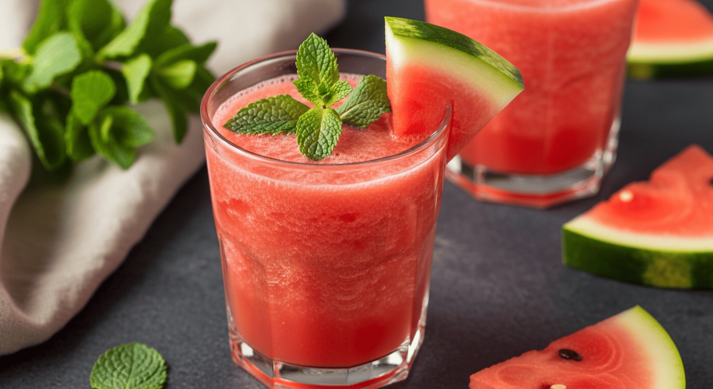 Bright coral-pink blended watermelon drink, mint leaves and a watermelon wedge on the rim