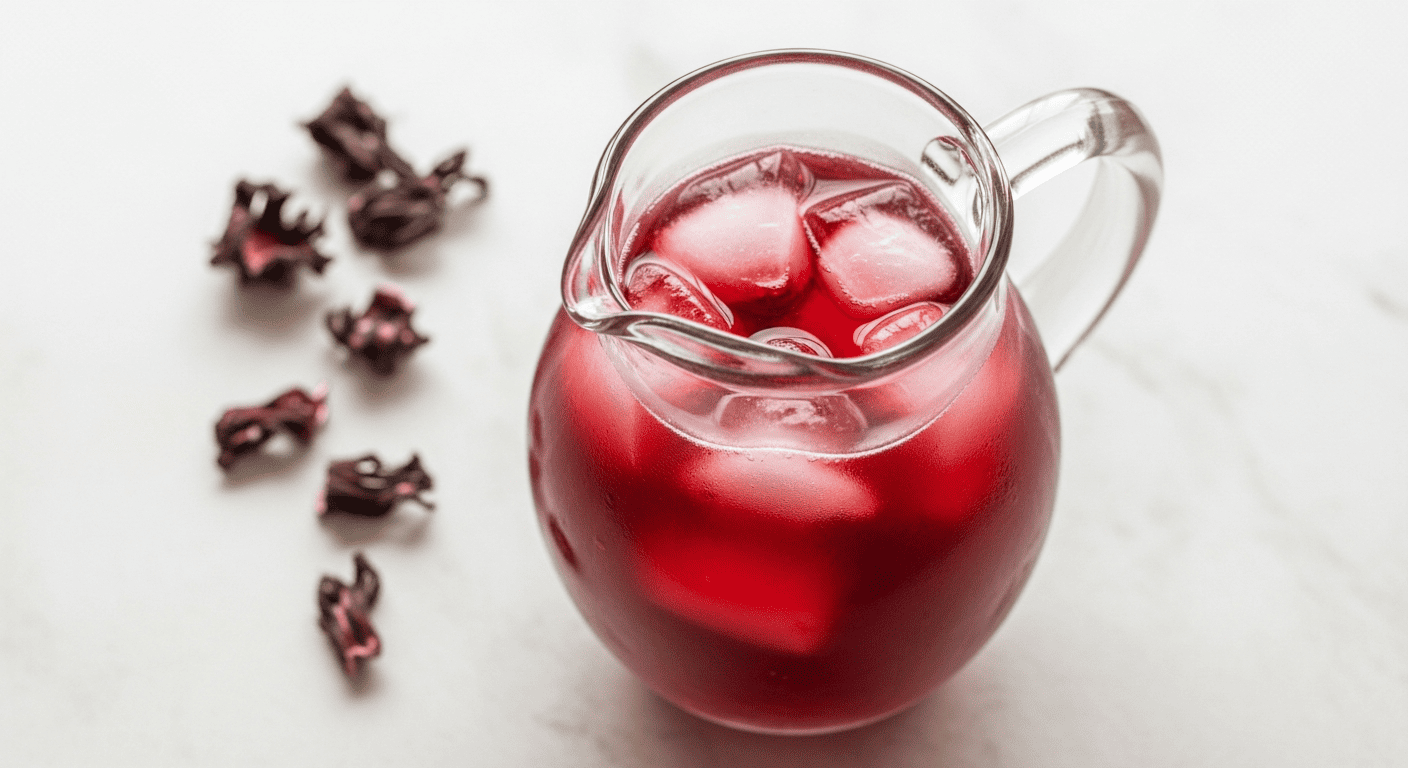 Deep ruby-red iced tea in a clear glass pitcher, dried hibiscus flowers scattered nearby