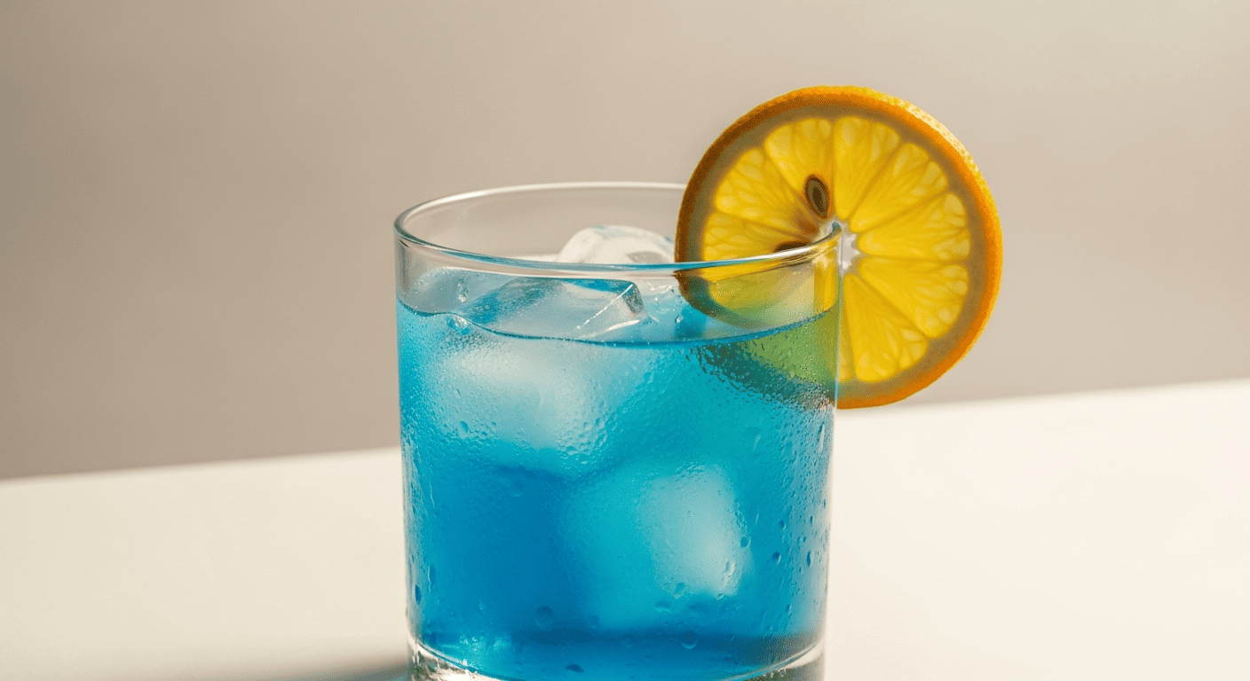 Bright electric-blue drink over ice, citrus wheel garnish, condensation on the glass
