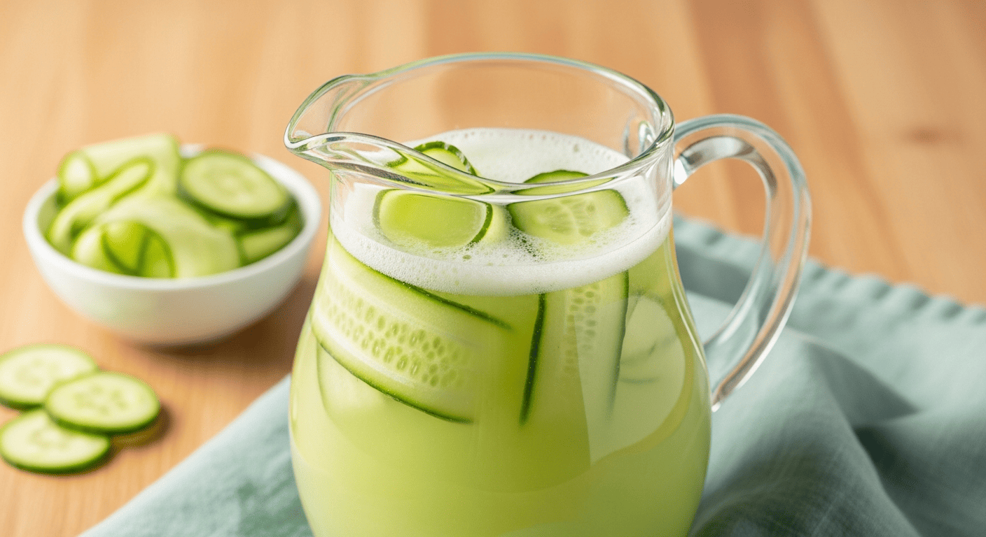Pale green cloudy agua fresca in a pitcher, cucumber ribbons floating on top
