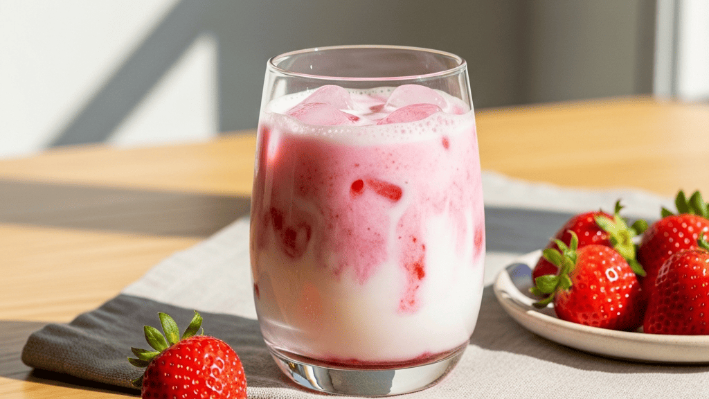 Pink strawberry puree swirling into white coconut milk over ice