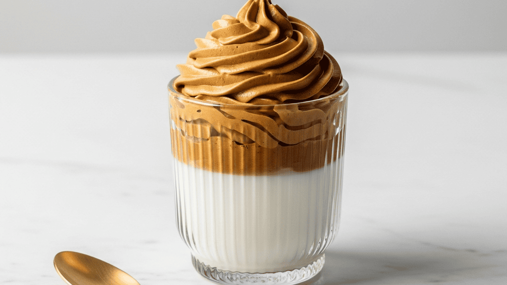 Thick whipped coffee foam piled on iced milk, close-up texture shot