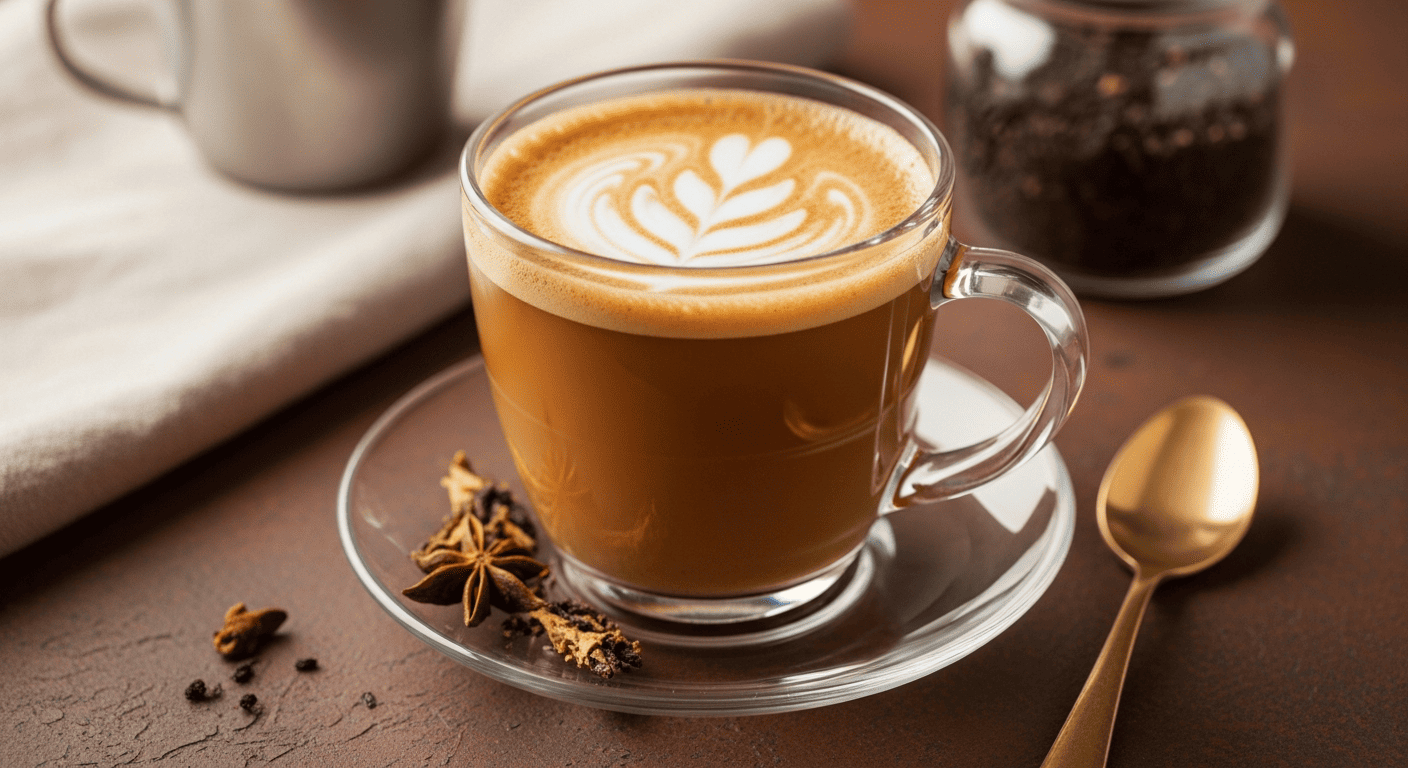 Warm amber-brown roasted tea latte, soft golden-hour light