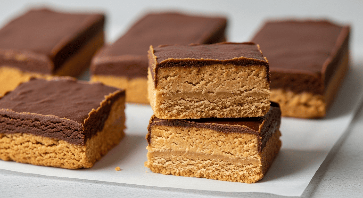 Stacked chocolate peanut-butter bars on parchment paper