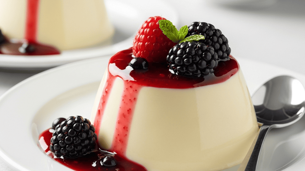 Turned-out panna cotta on a small plate with a berry compote