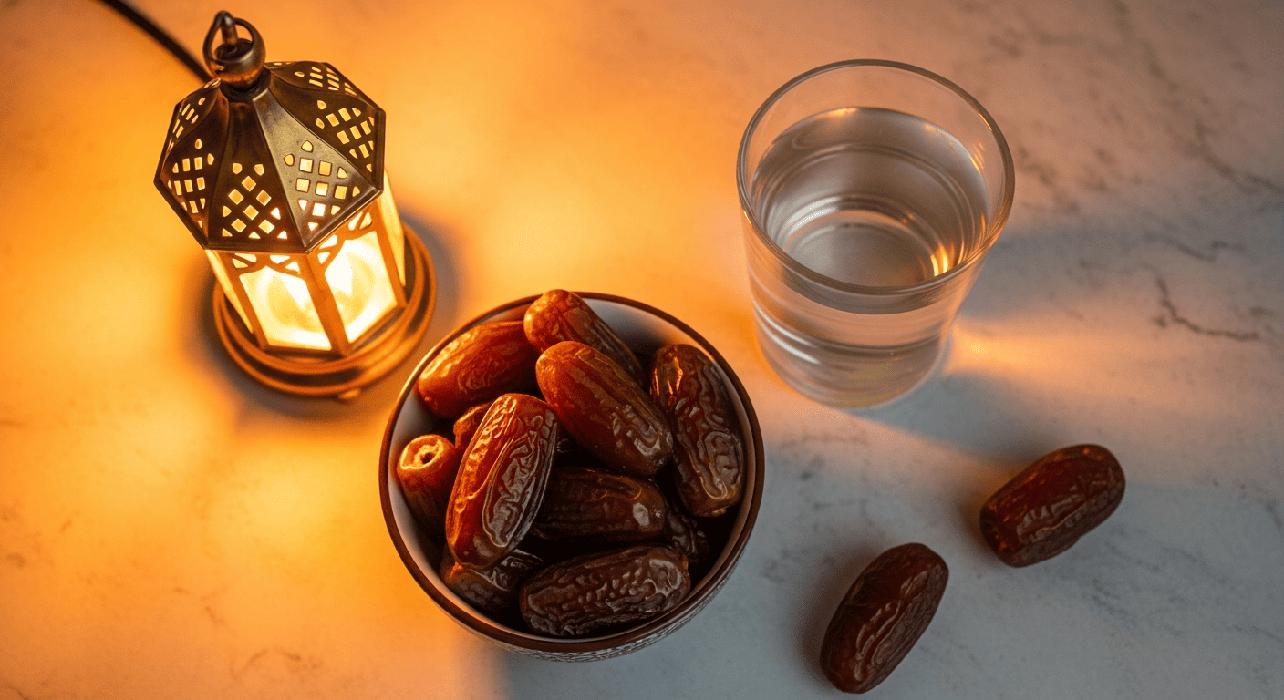A bowl of dates and a glass of water in lamplight, natural light