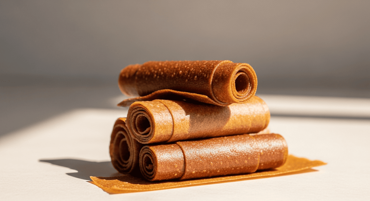 Strips of homemade peach fruit leather rolled and stacked