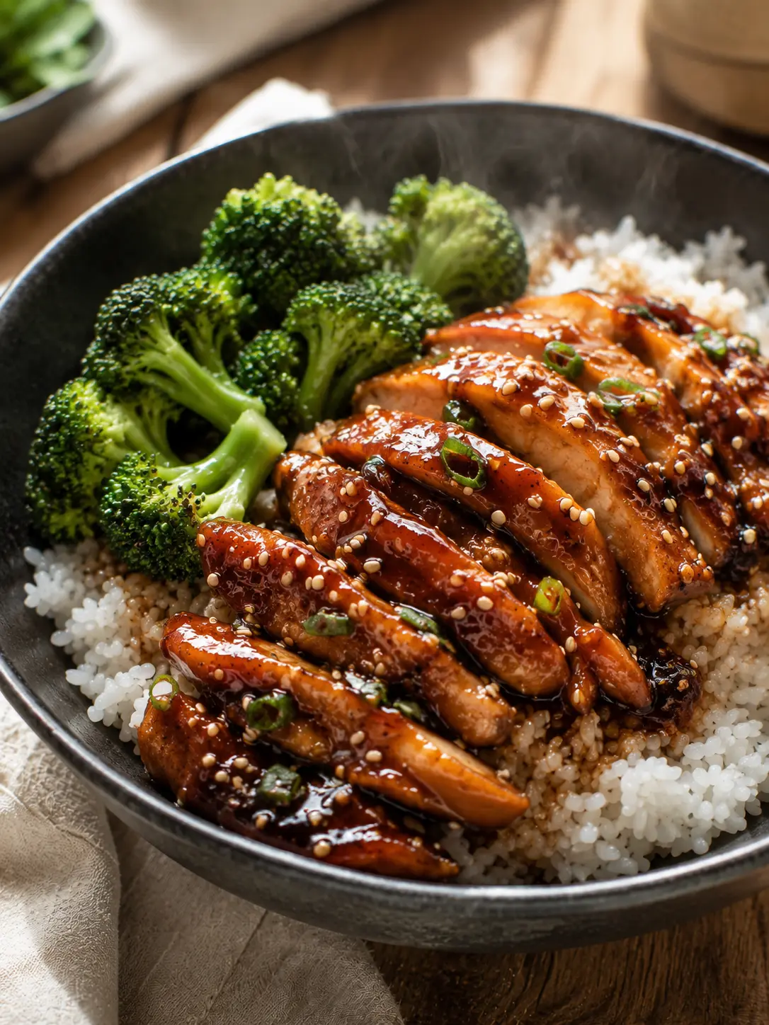 Sliced teriyaki chicken over rice with steamed broccoli, glossy sauce drizzled on top