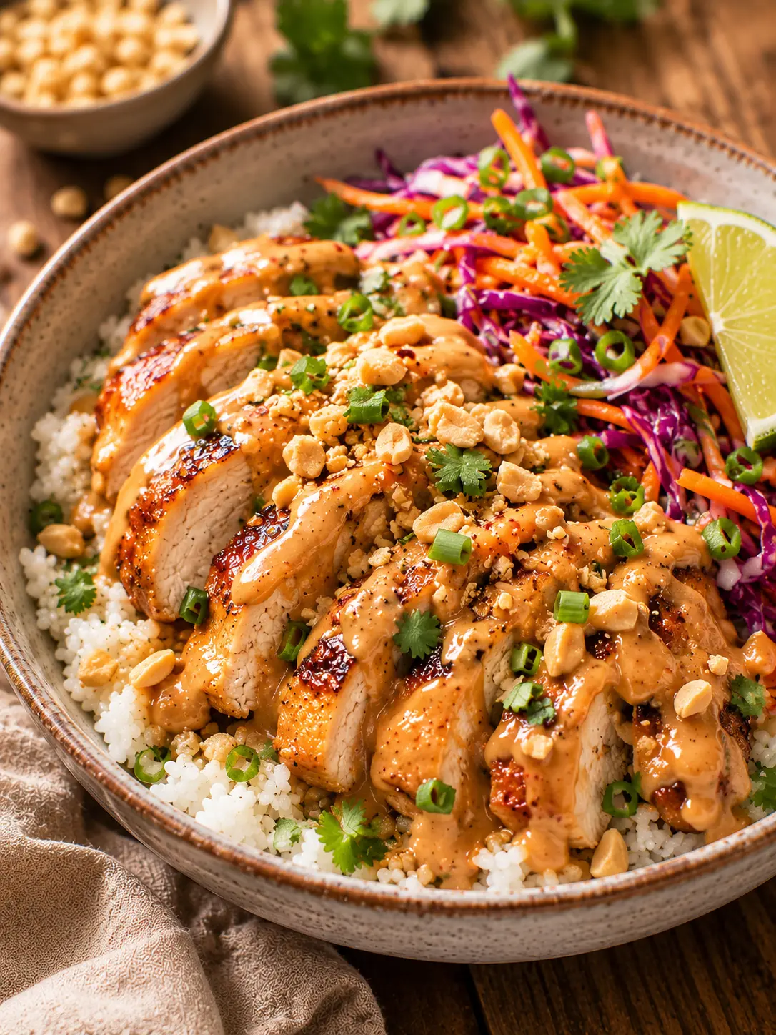 Peanut sauce chicken over rice with shredded cabbage, carrot ribbons and crushed peanuts
