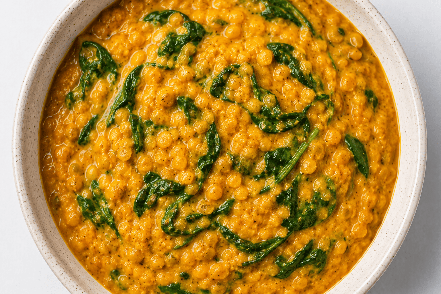Thick golden coconut curry lentils in a bowl, wilted spinach folded in, steam rising