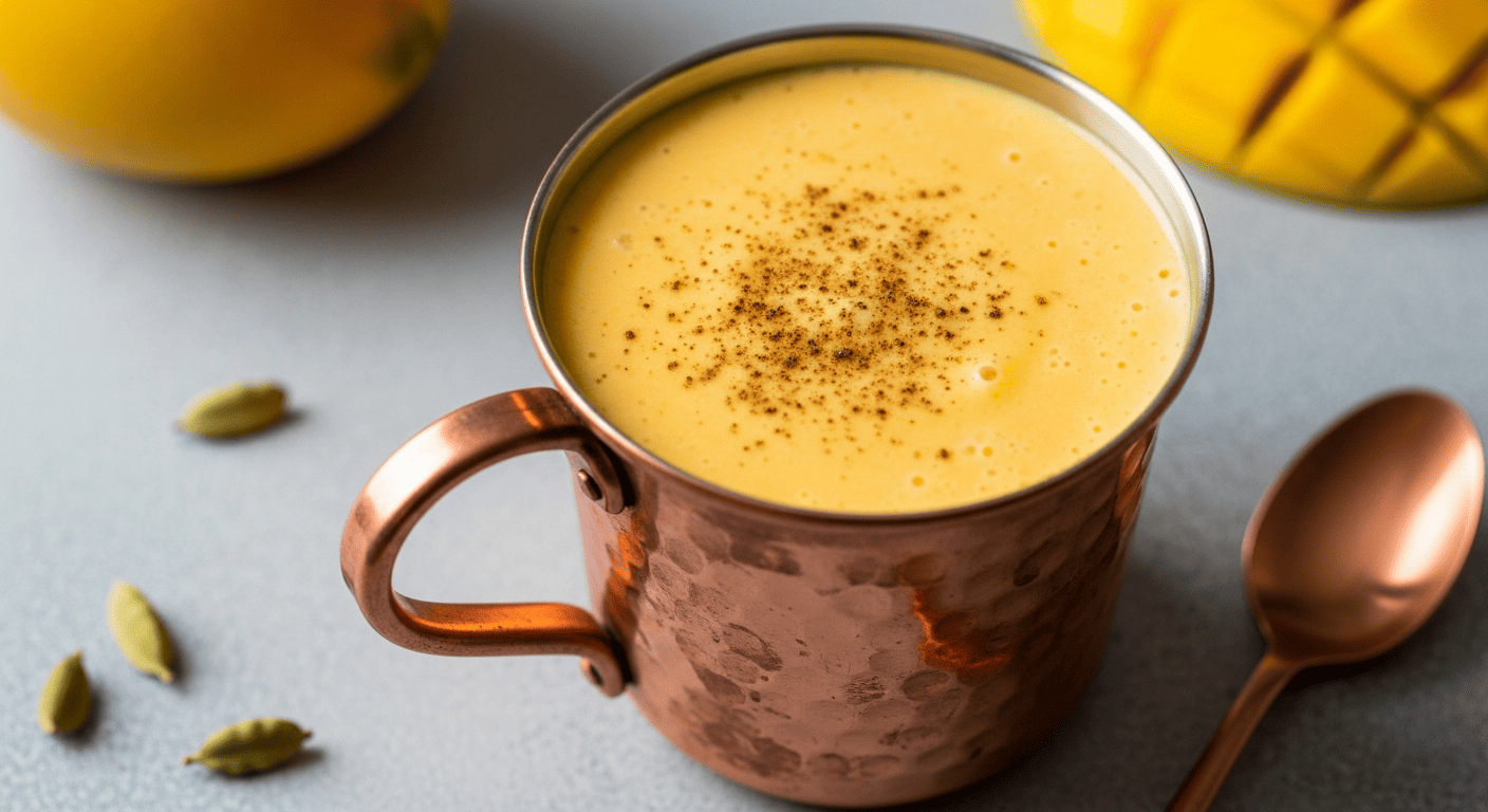 Thick golden-orange mango lassi in a copper cup, a pinch of ground cardamom dusted on top