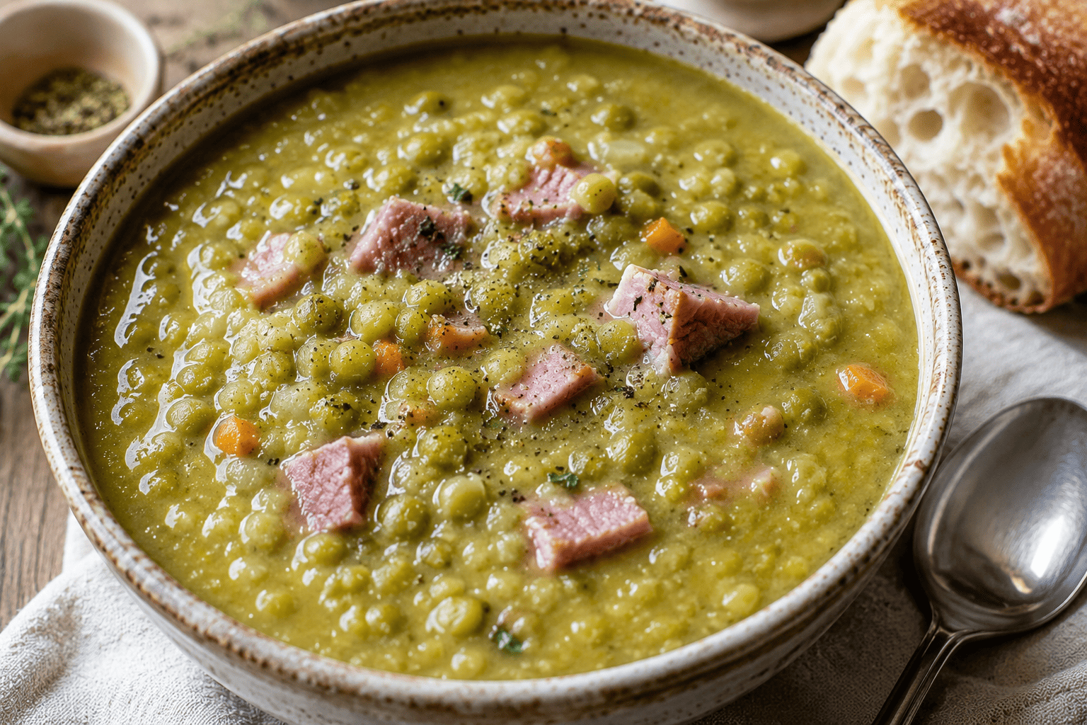 Thick green split pea soup with chunks of ham, rustic bowl, steam rising, warm kitchen backdrop