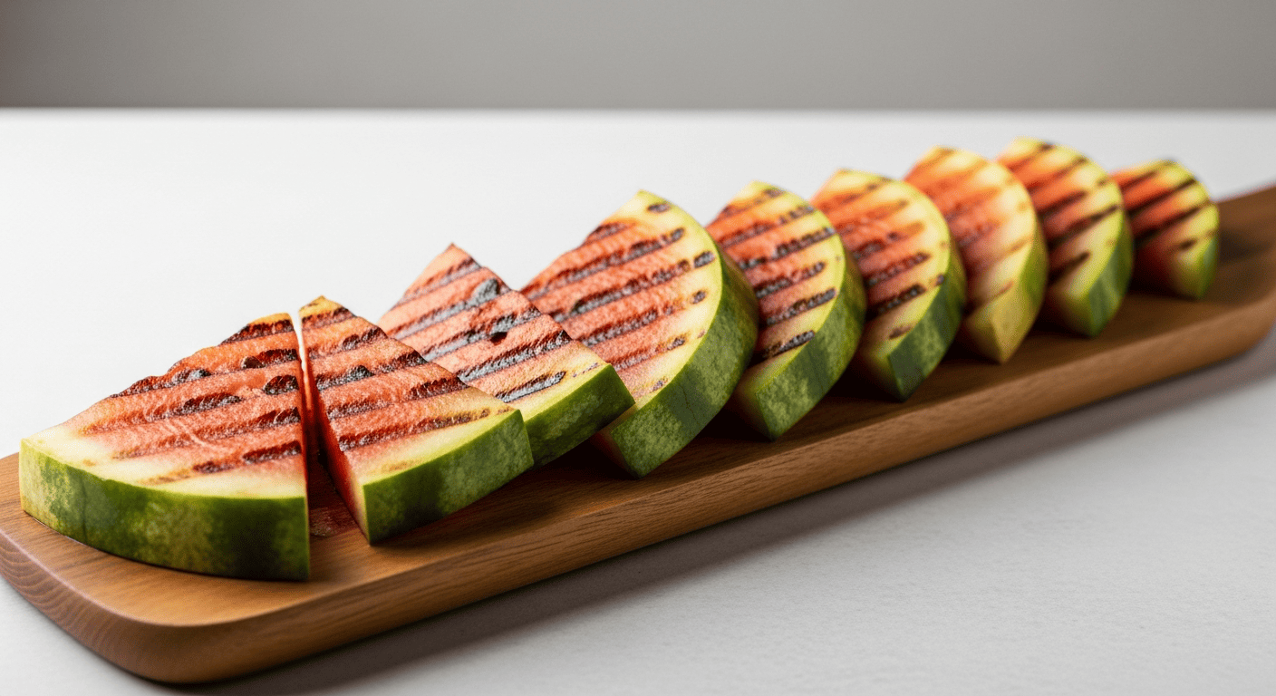 Thick watermelon steaks with visible grill marks, resting on a wooden board
