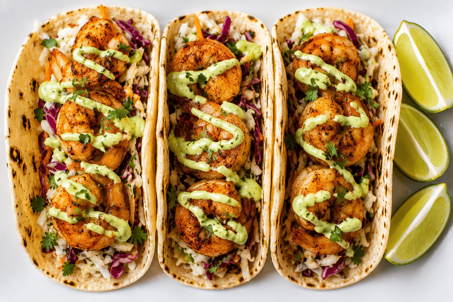 Three shrimp tacos lined up with slaw and lime crema drizzle, lime wedges on the side