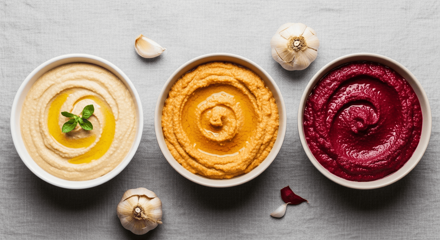 Three small bowls of hummus in different colors — classic, roasted garlic, beet