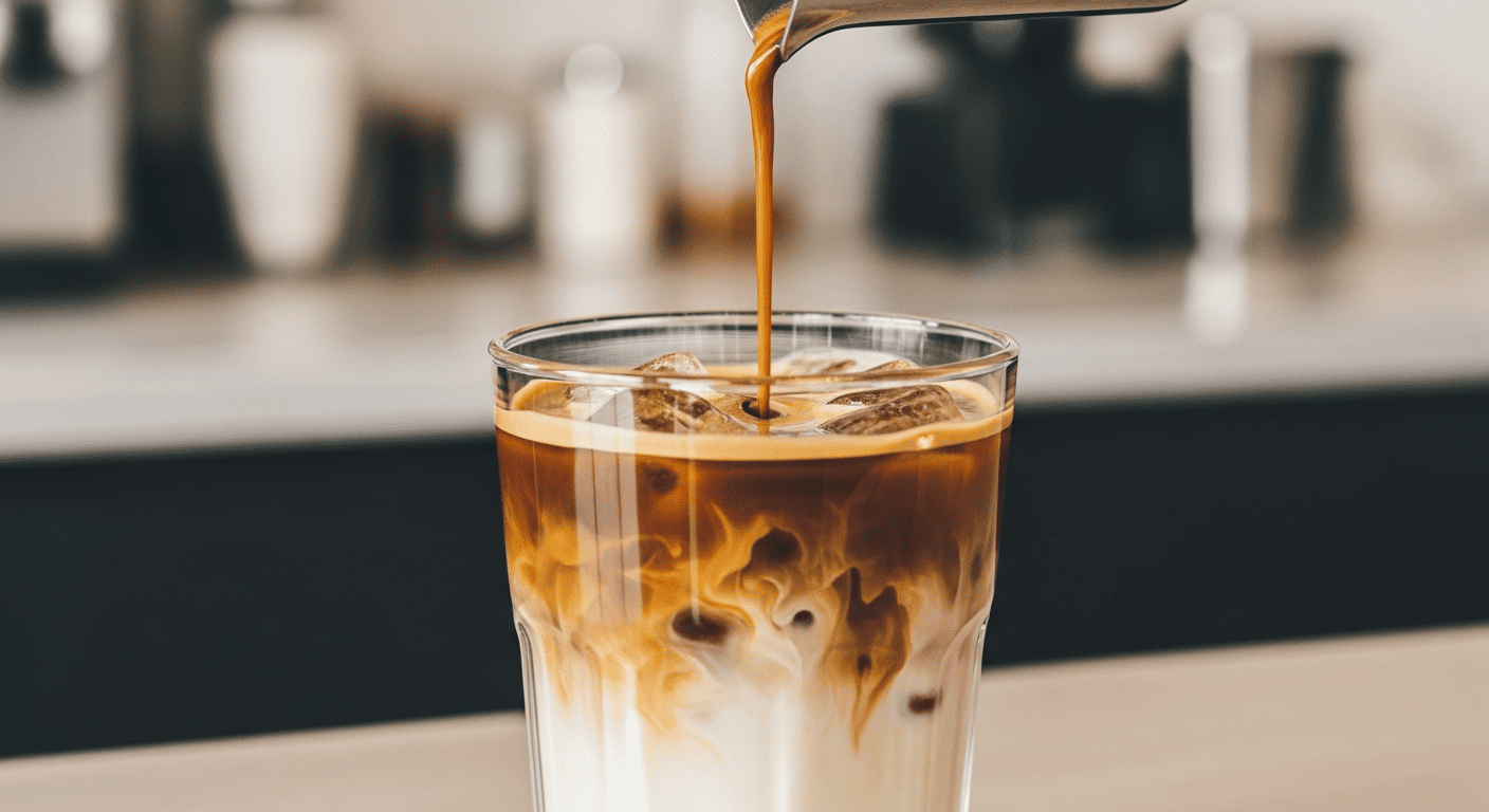 Top-down phone-in-hand shot of an iced Einspänner being poured, dark espresso streaking down through pale cream in real time, café counter blurred in background