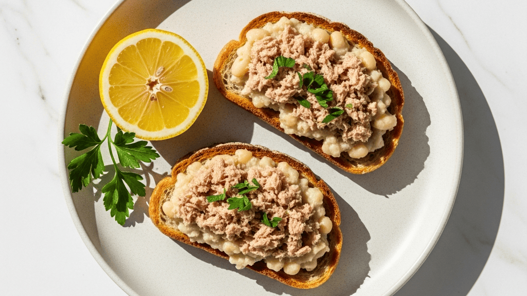 Tuna and white bean mash piled on rustic toast, lemon wedge and parsley beside it