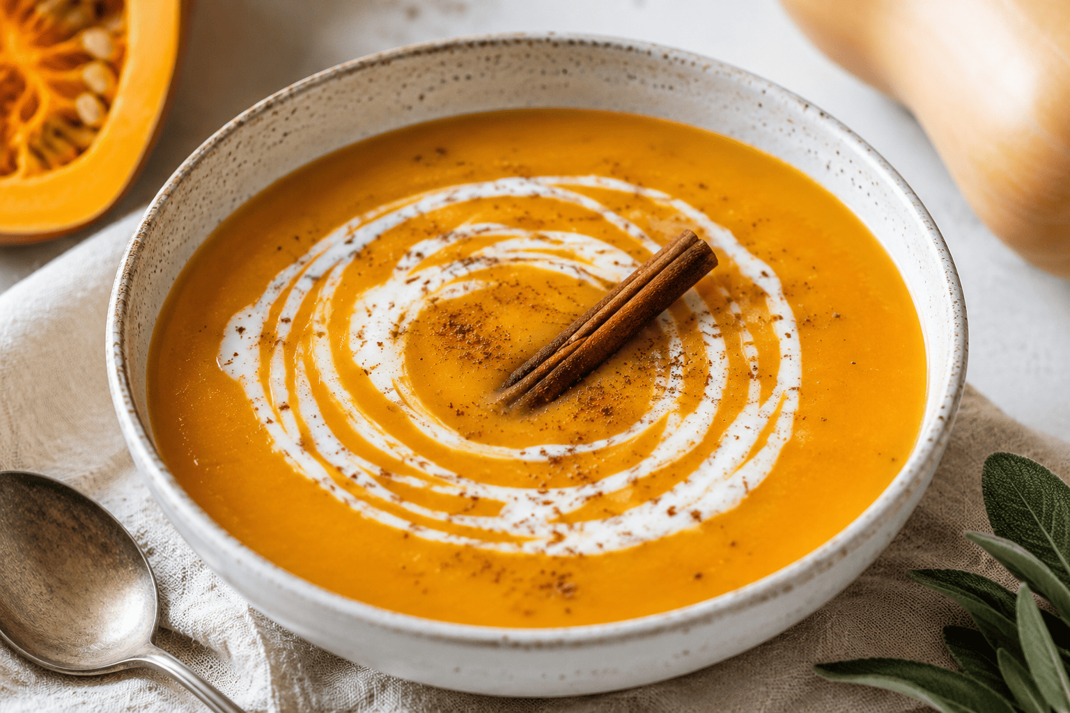Velvety orange butternut squash soup with a swirl of cream and a cinnamon stick garnish, autumnal styling