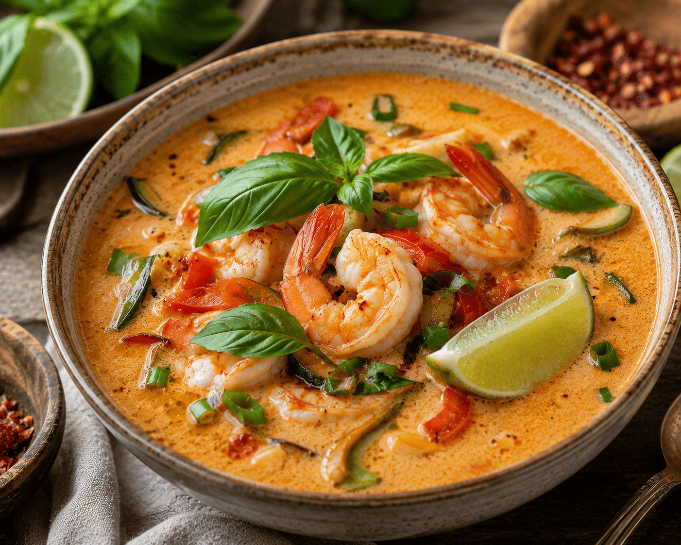 Vibrant Thai coconut curry soup with shrimp, fresh basil, and lime, bright bold styling against a dark backdrop