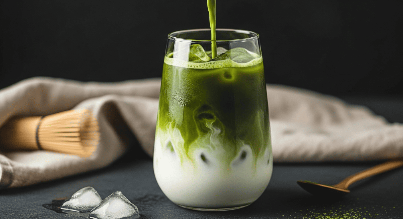 Vivid green matcha poured over milk and ice, visible gradient layers