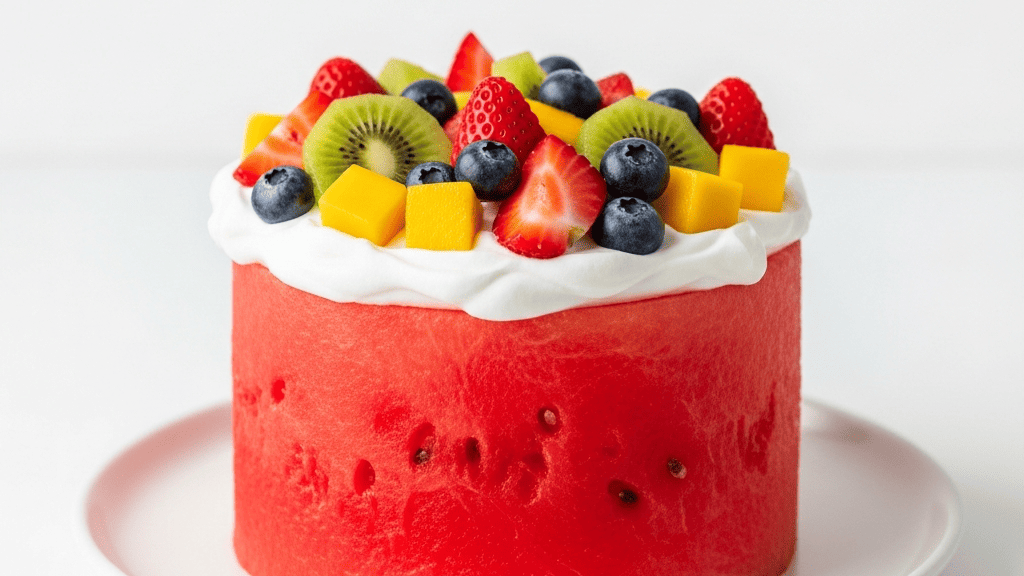 A round of watermelon frosted like a cake with whipped cream and berries