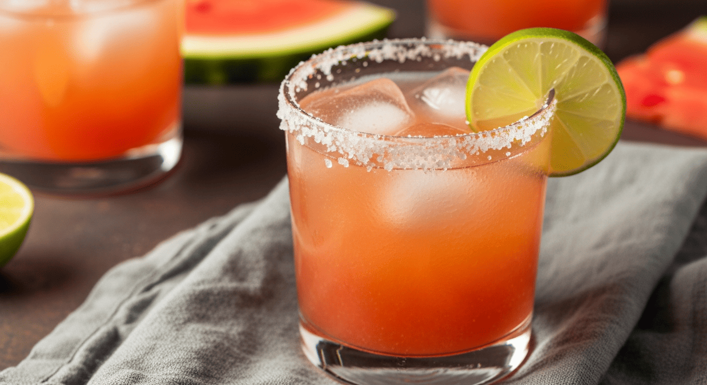 Watermelon paloma mocktail in a salt-rimmed glass, lime wheel garnish, condensation visible
