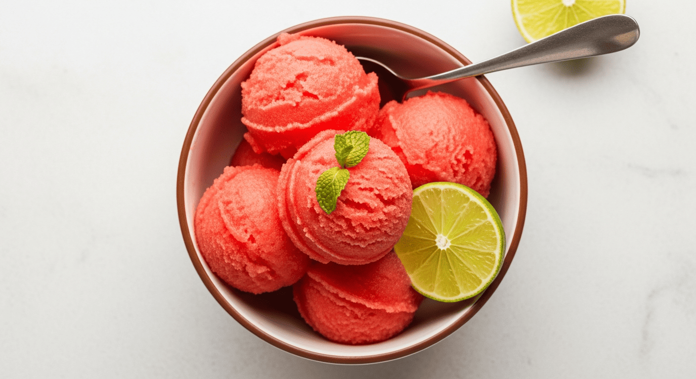Watermelon sorbet in a chilled bowl with a lime wedge, close-up texture shot
