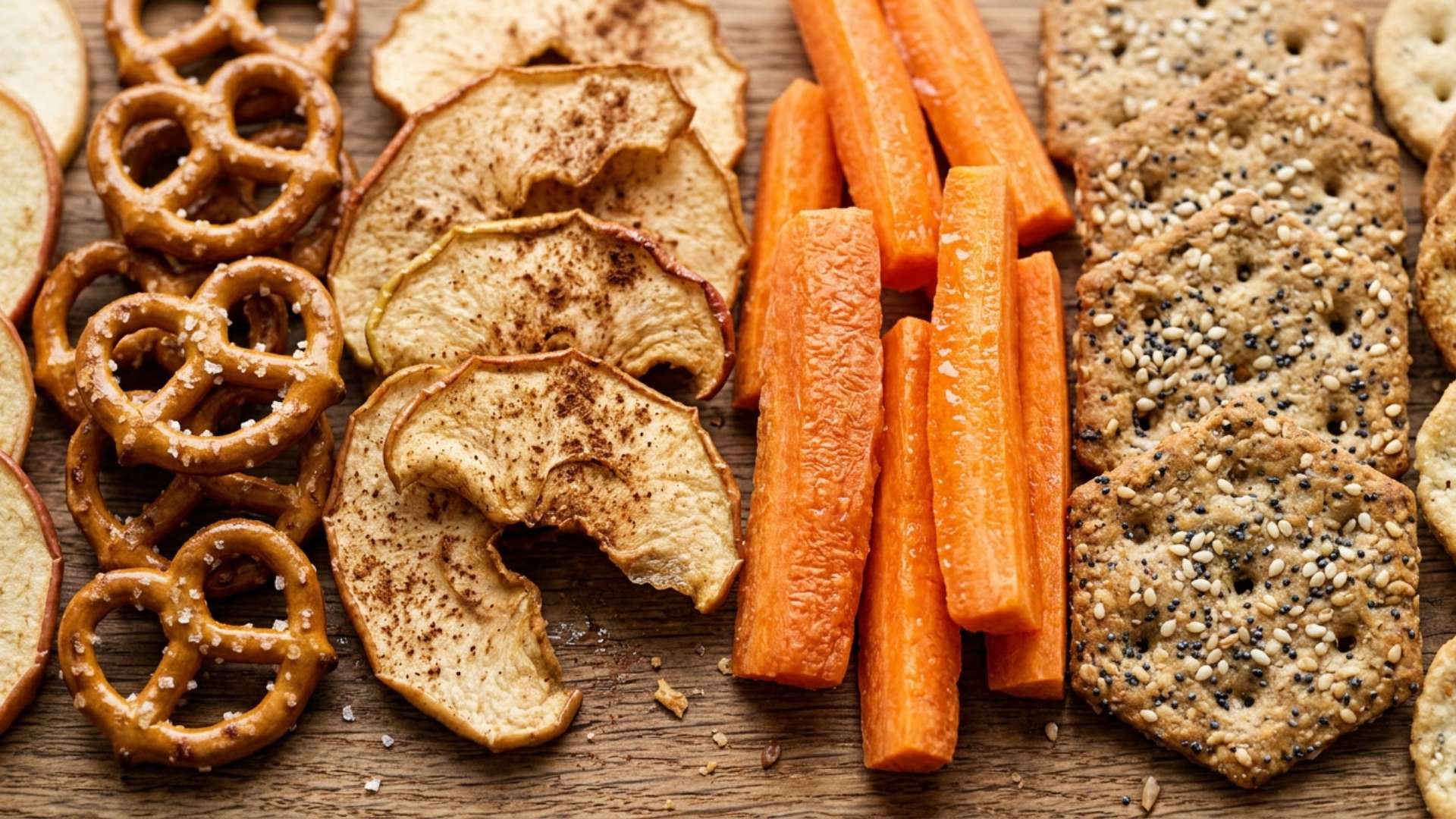 Crunchy snacks — pretzels, apple slices, carrots and crackers — on a board