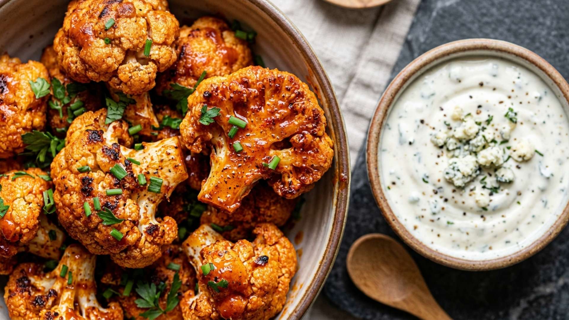 Buffalo cauliflower bites with blue cheese dip