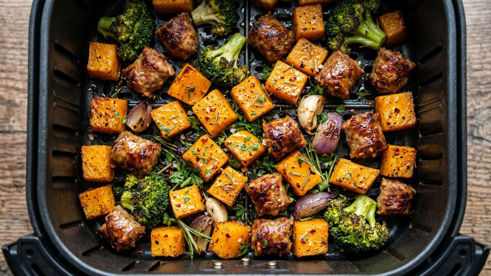 Air-fried butternut squash and smoked sausage with sage and feta