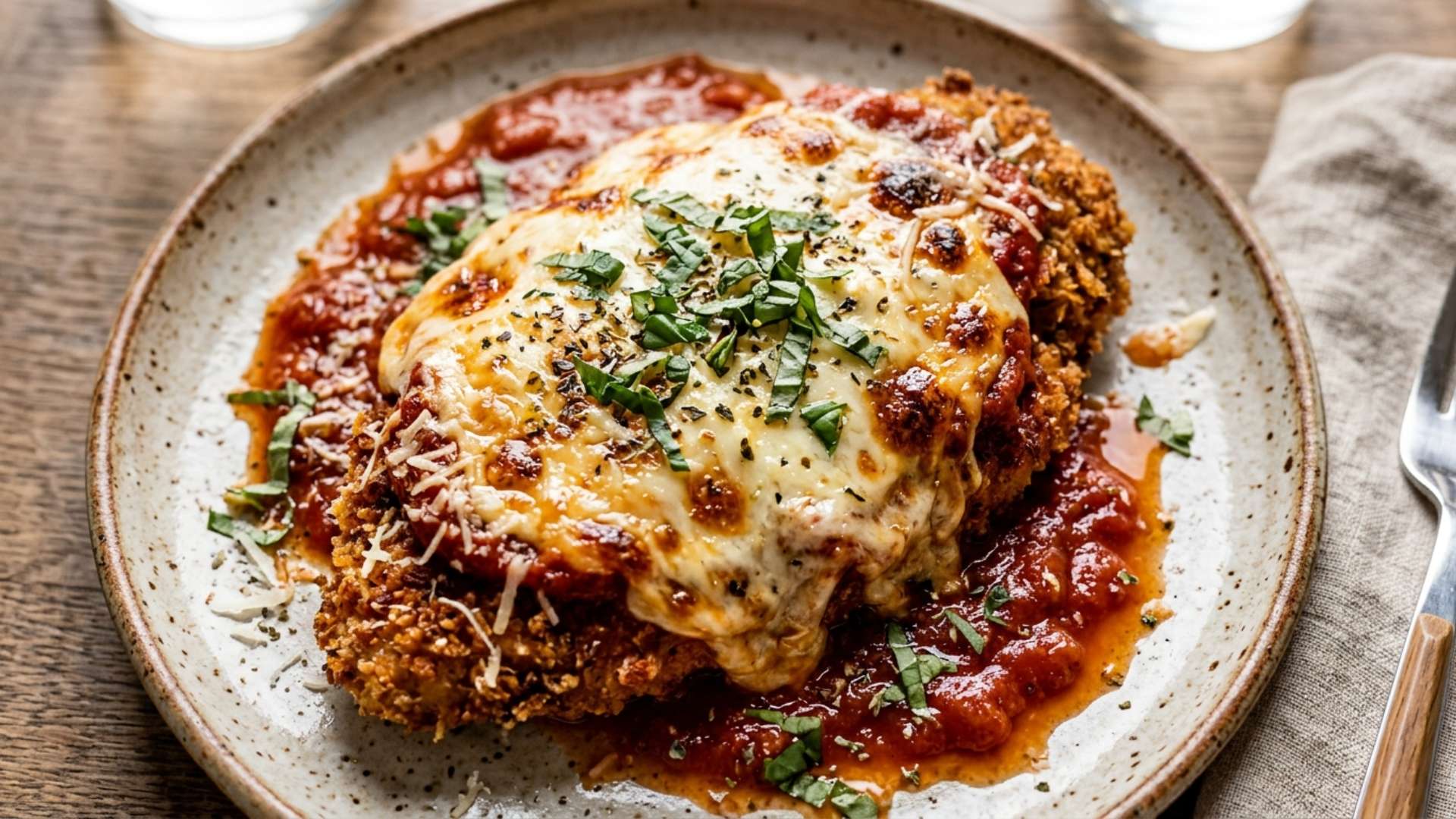 Air fryer chicken parmesan with marinara and melted mozzarella