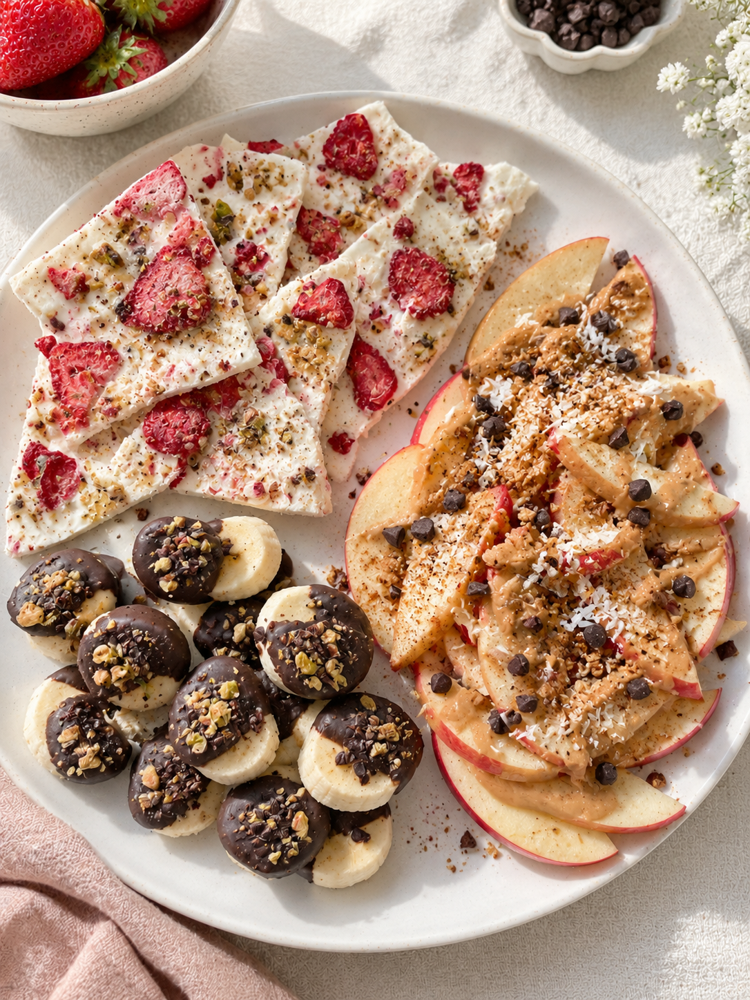 Colorful frozen strawberry yogurt bark pieces on a snack plate, a yummy easy snack