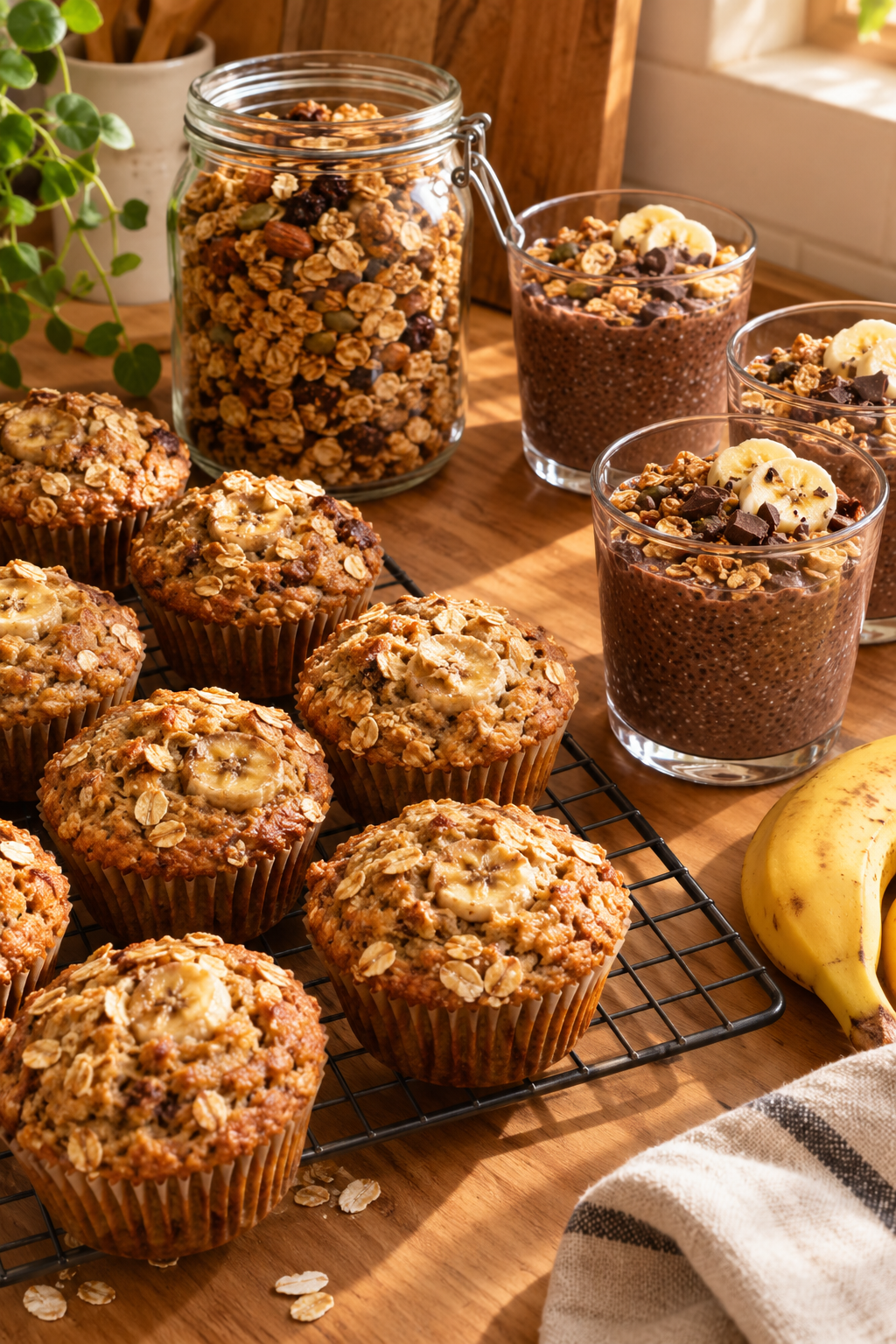 Banana oat muffins and homemade oat snacks on a cozy kitchen table, snacks to make at home