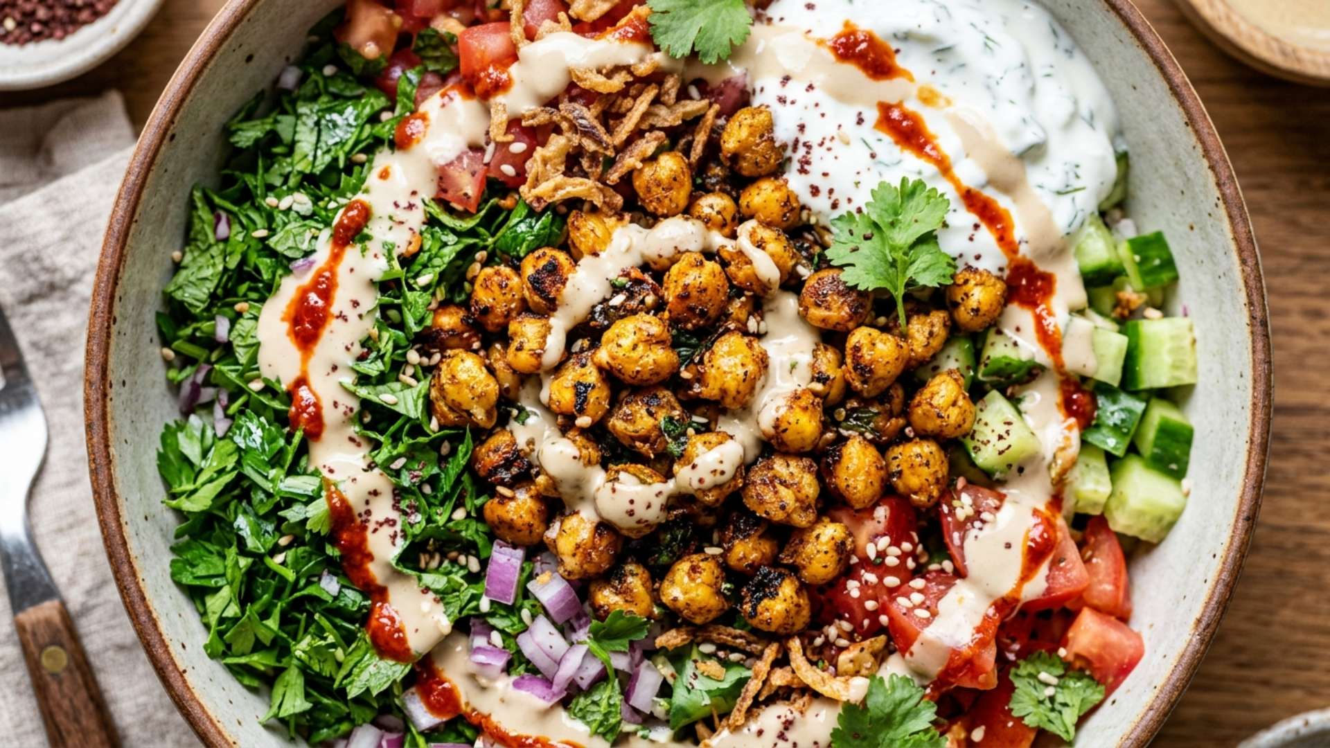 Crispy chickpea shawarma bowl with hummus and tahini
