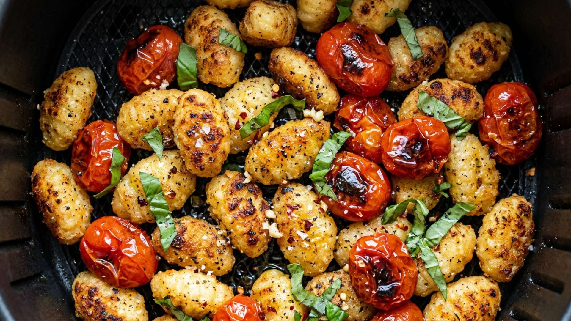 Crispy air fryer gnocchi with blistered cherry tomatoes and basil