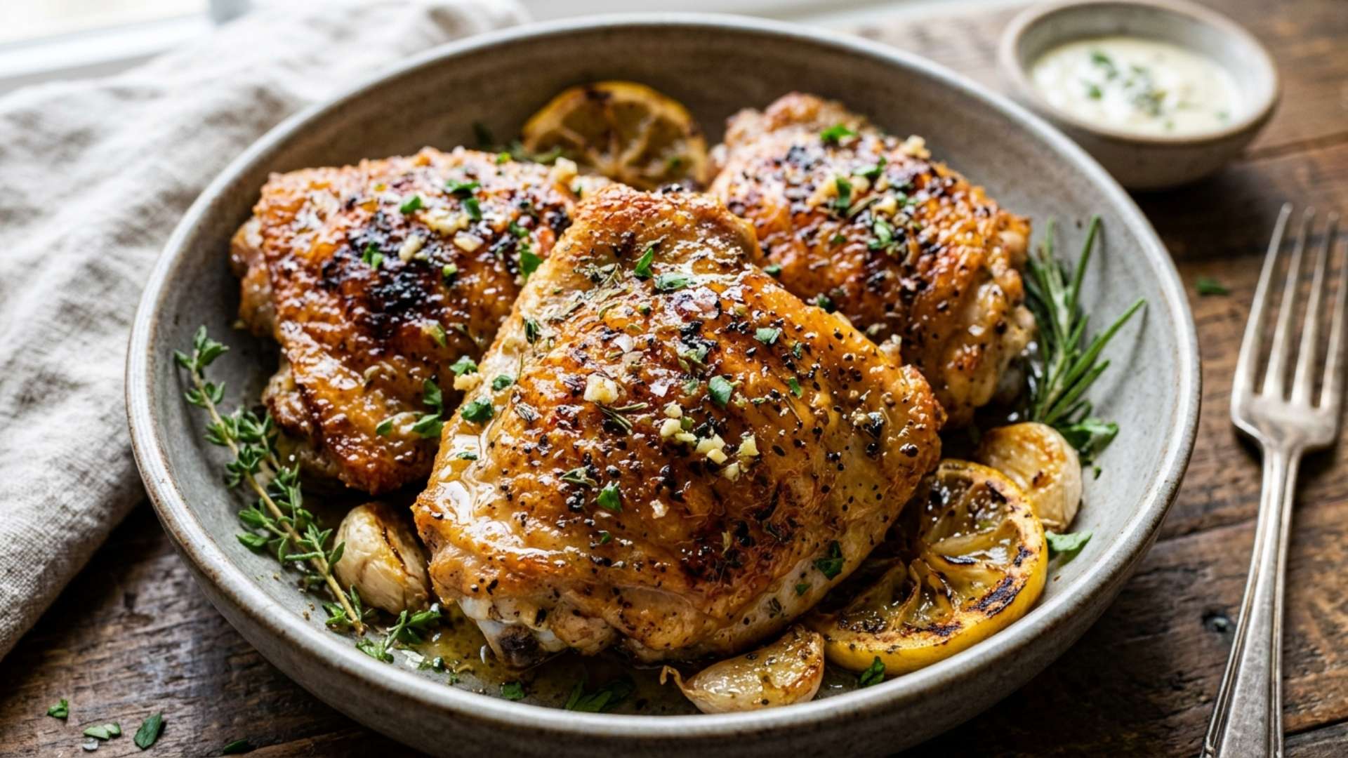 Crispy lemon-garlic chicken thighs fresh from the air fryer