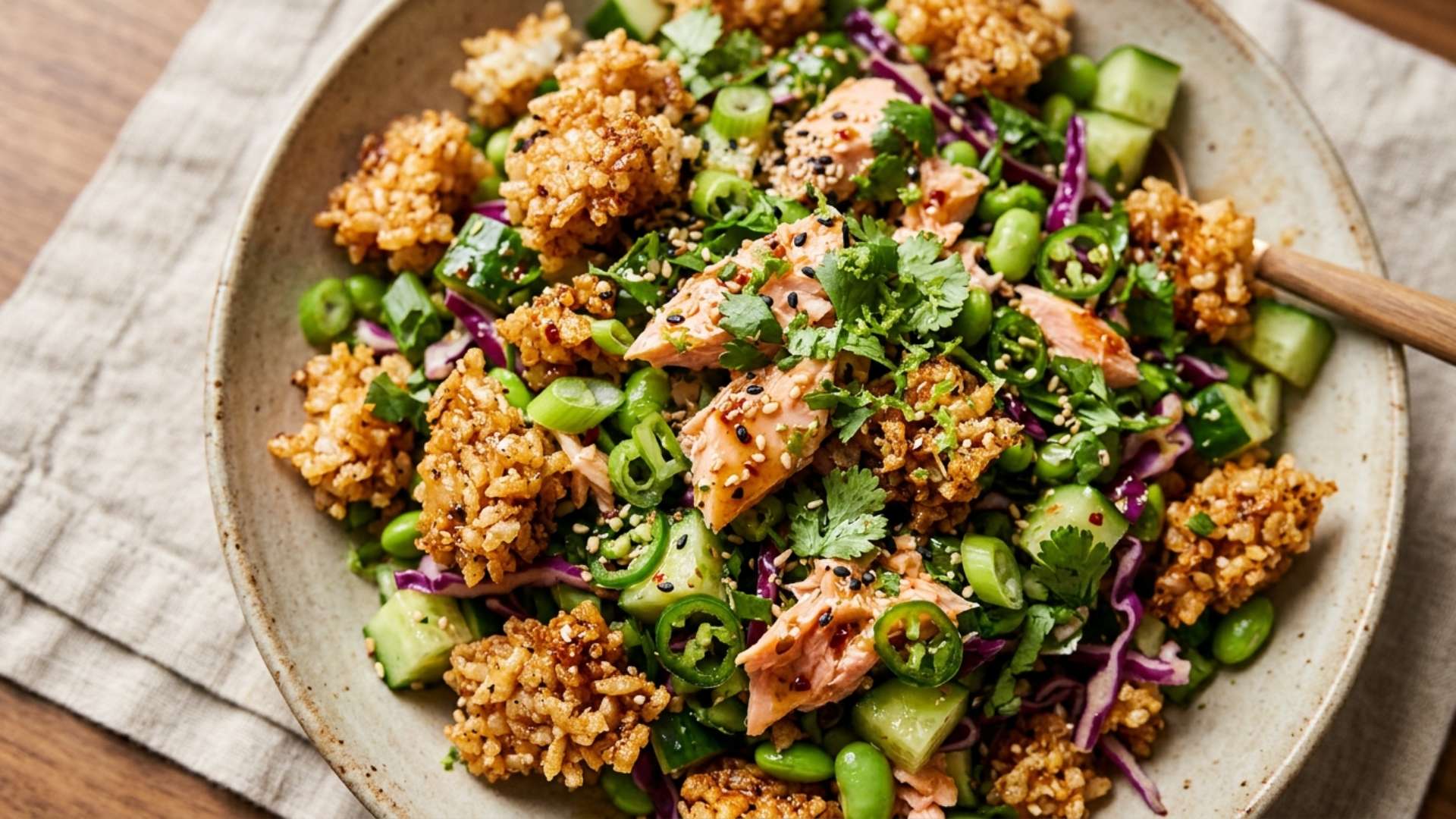 Crispy rice salad bowl with cucumber, herbs and edamame