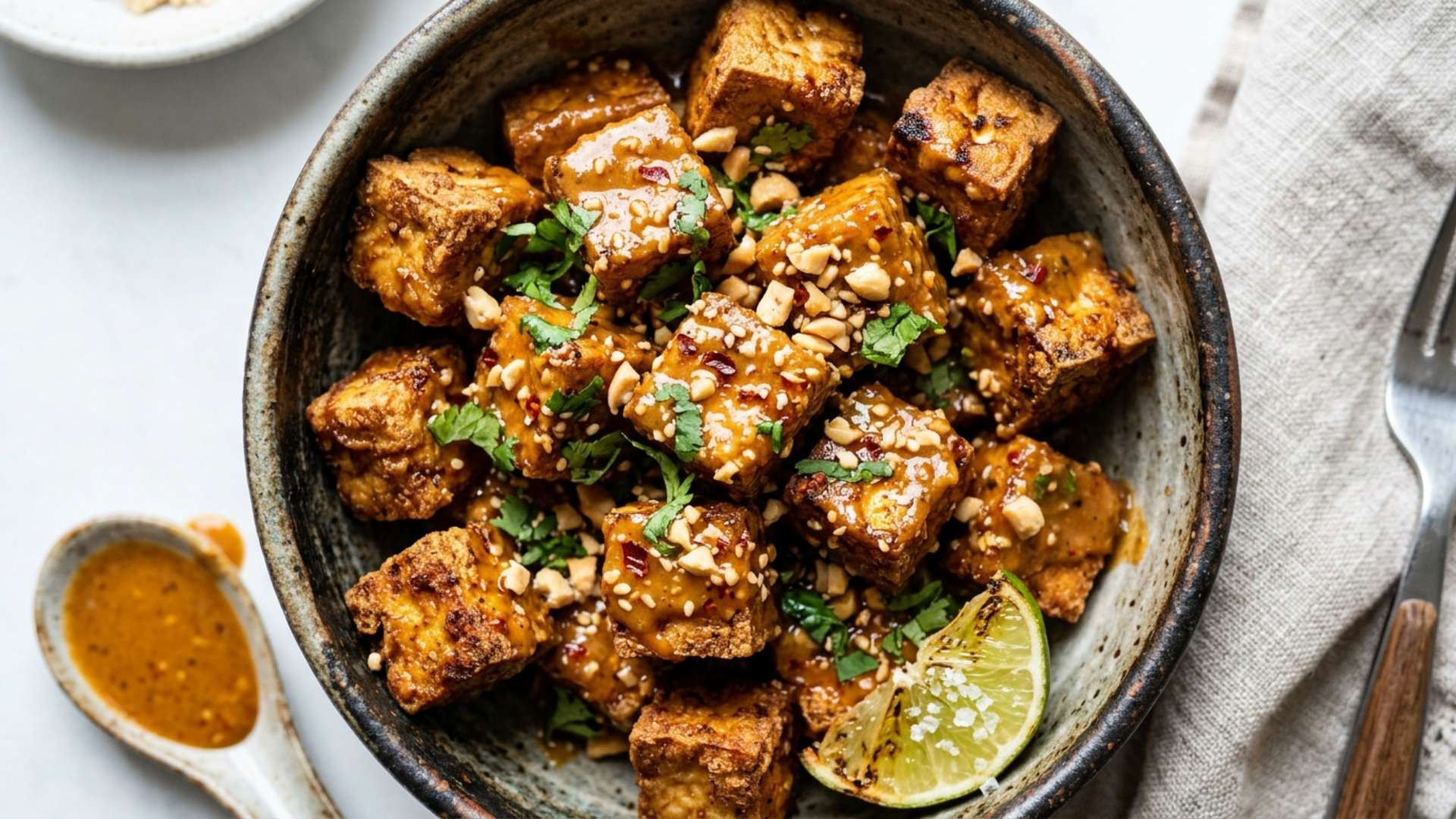 Crispy air fryer tofu with peanut-lime sauce