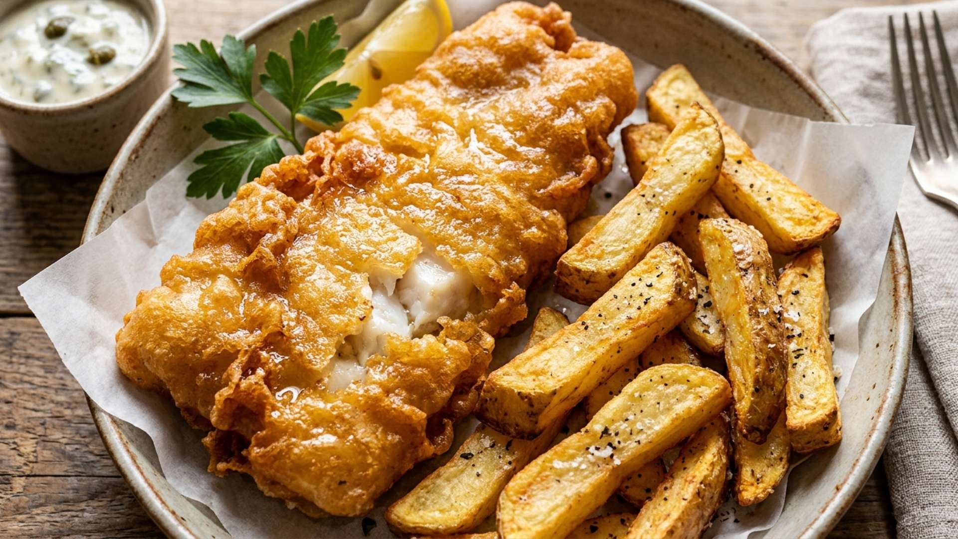 Air fryer fish and chips with lemon and tartar sauce