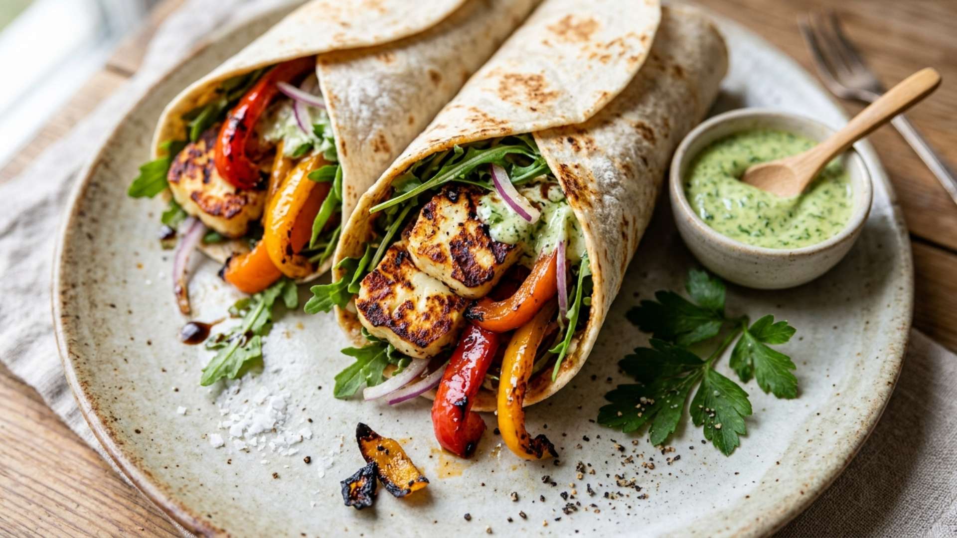 Golden halloumi and roasted pepper wraps