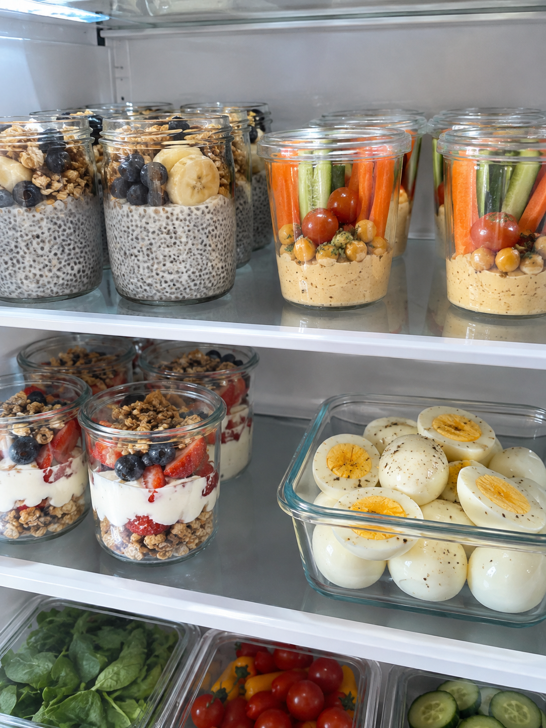 Fridge organized with meal-prepped healthy snacks in glass jars and containers for the week