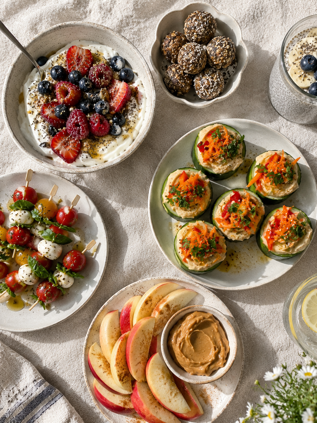 Healthy snack grazing spread with fruit, yogurt, nuts, vegetables and homemade quick healthy snacks