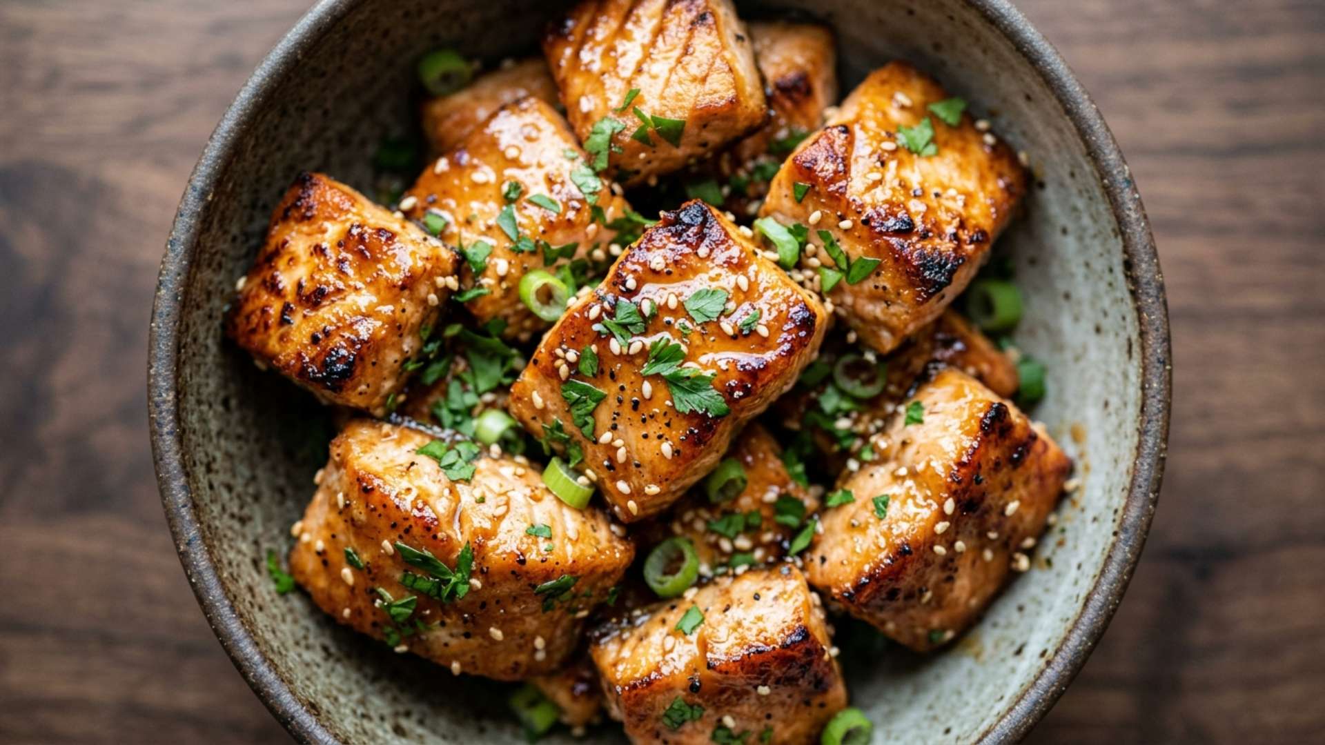Caramelized honey-garlic salmon bites made in the air fryer
