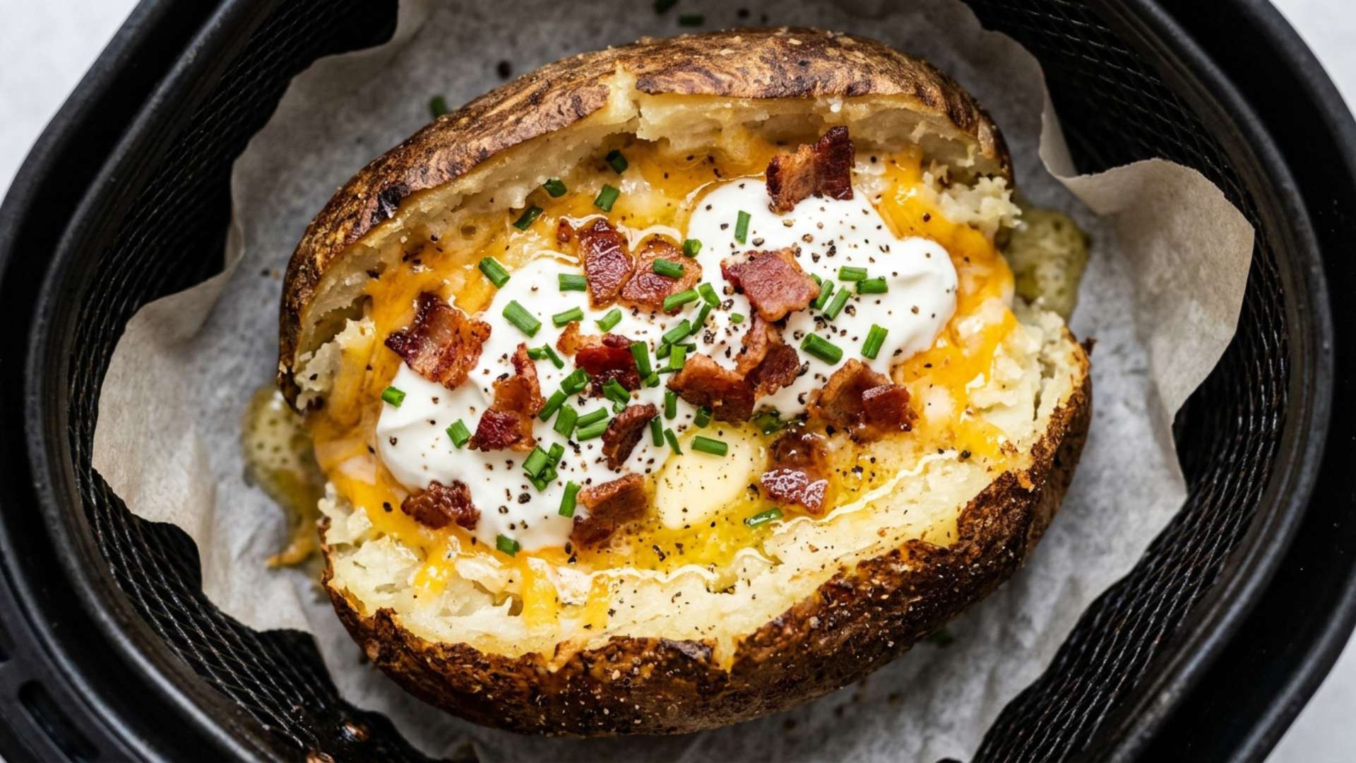 Loaded baked potato split open with melting butter, cheddar, sour cream, bacon and chives